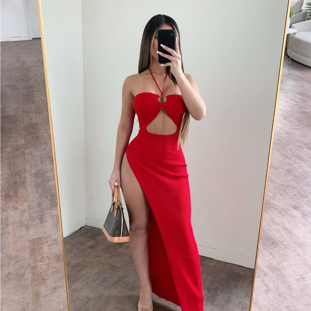 Red ribbed halter top bodycon maxi dress